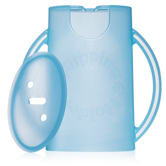 Blue sippy cup with a separate topper on a white background.