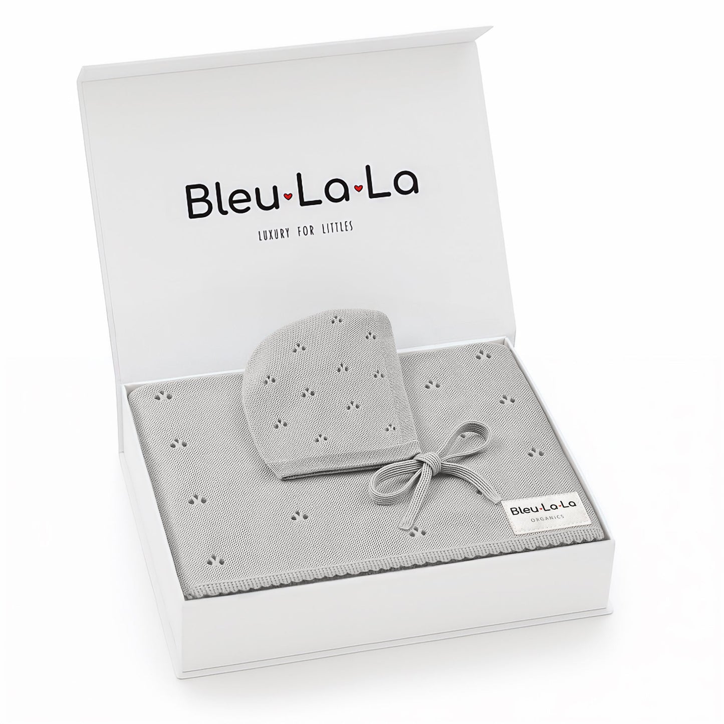 Gray baby hat and blanket set with 'Bleu La La' branding on a white background