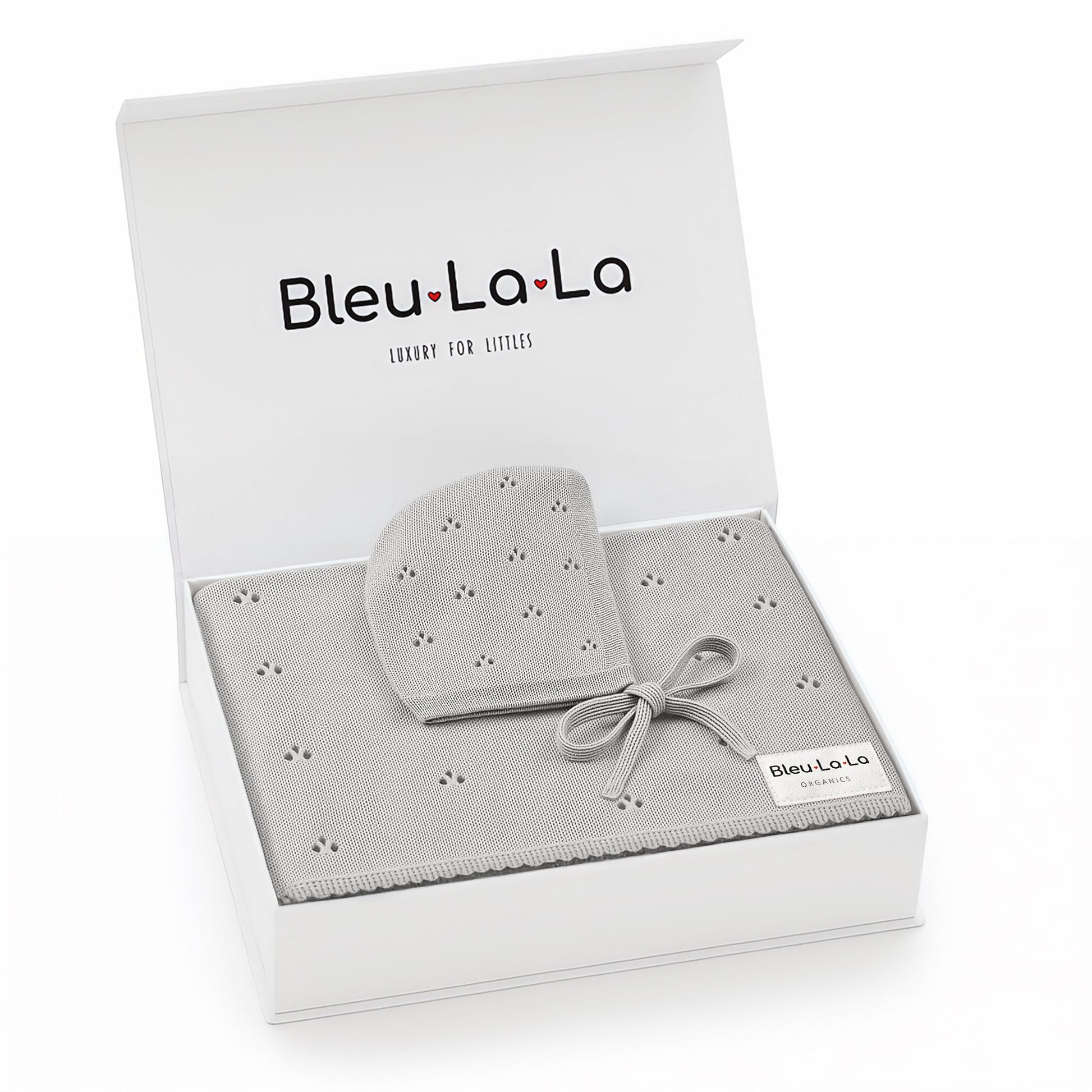 Gray baby hat and blanket set with 'Bleu La La' branding on a white background