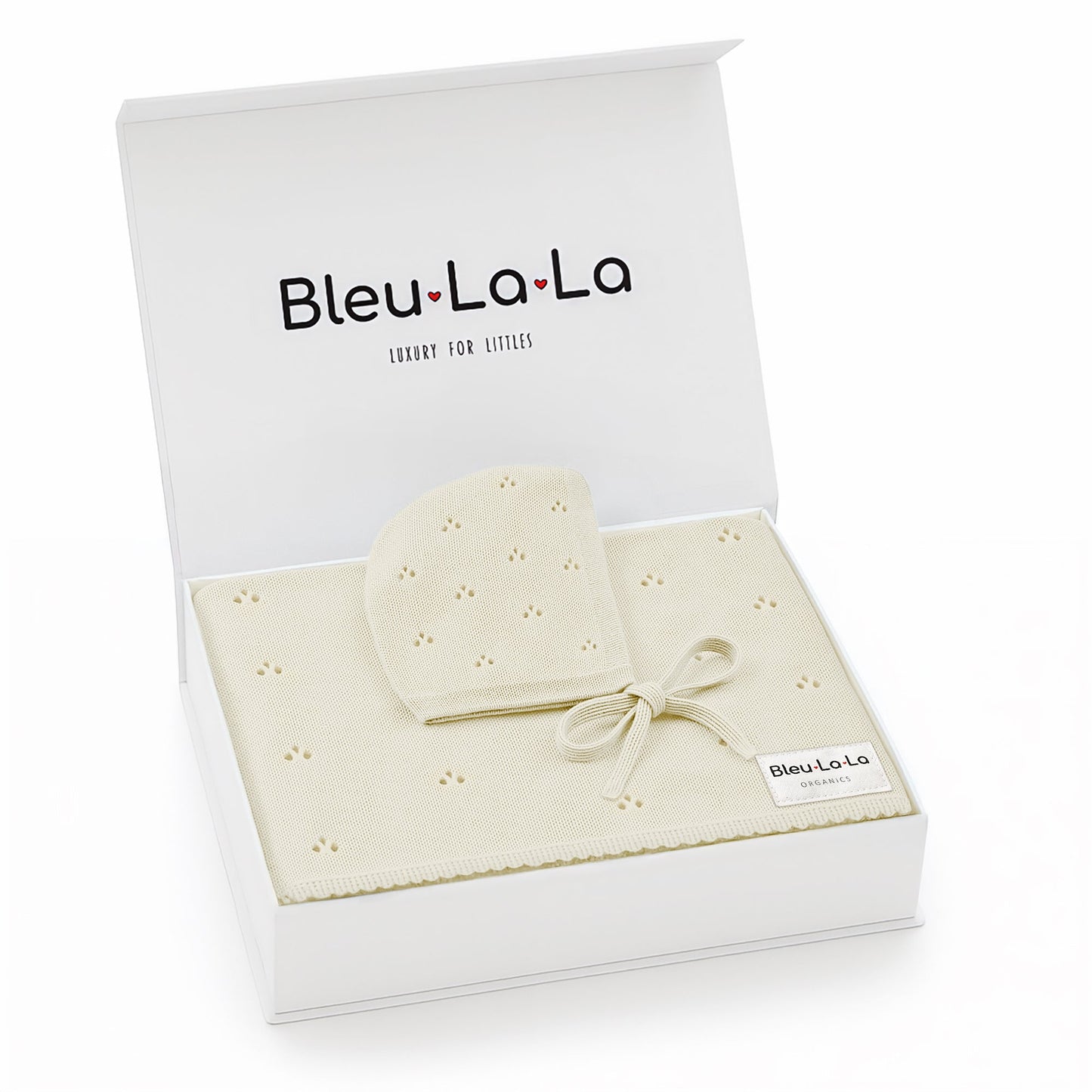 Baby hat and blanket set in a 'Bleu La La' box on a white background