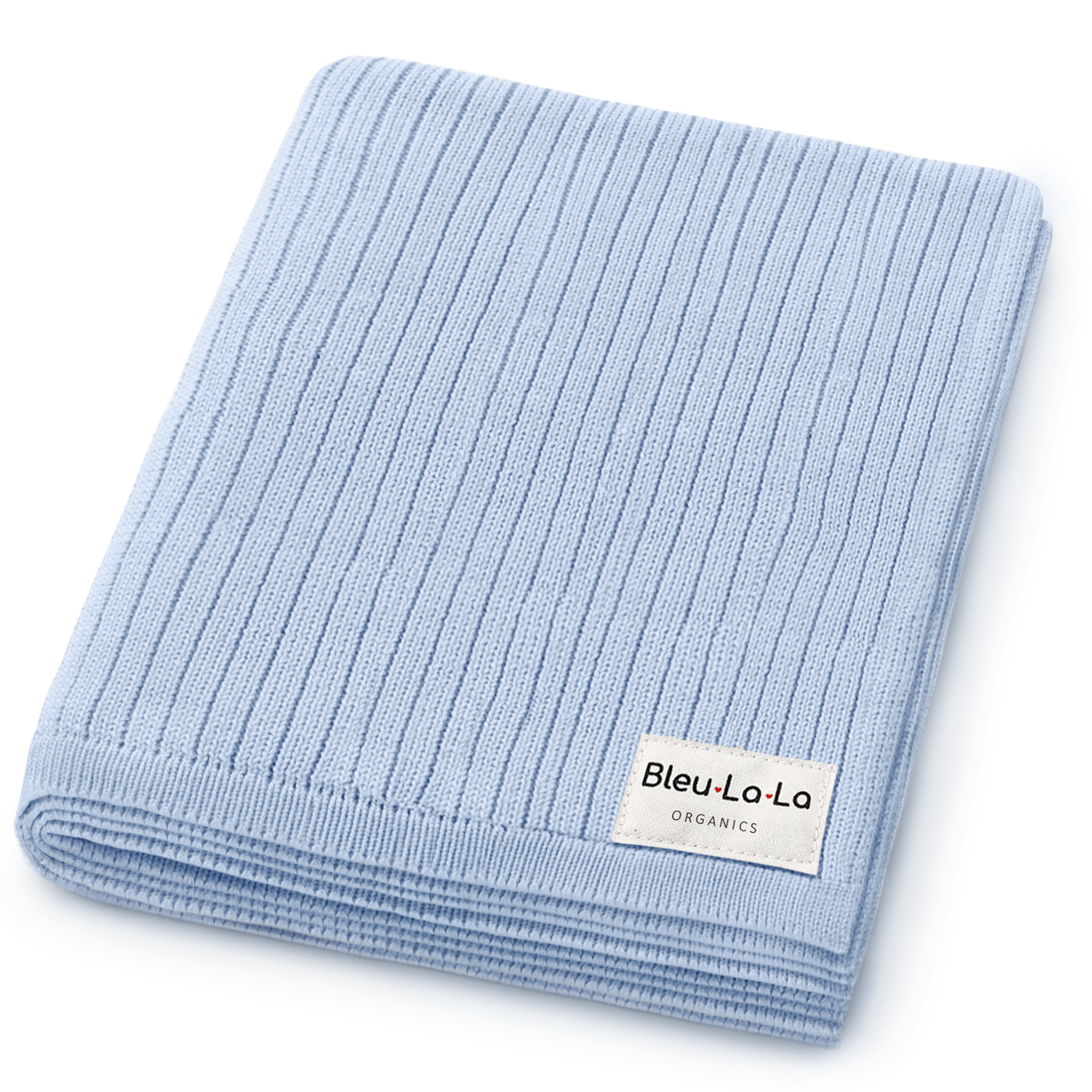 Light blue baby blanket with Bleu-La-La label on a white background