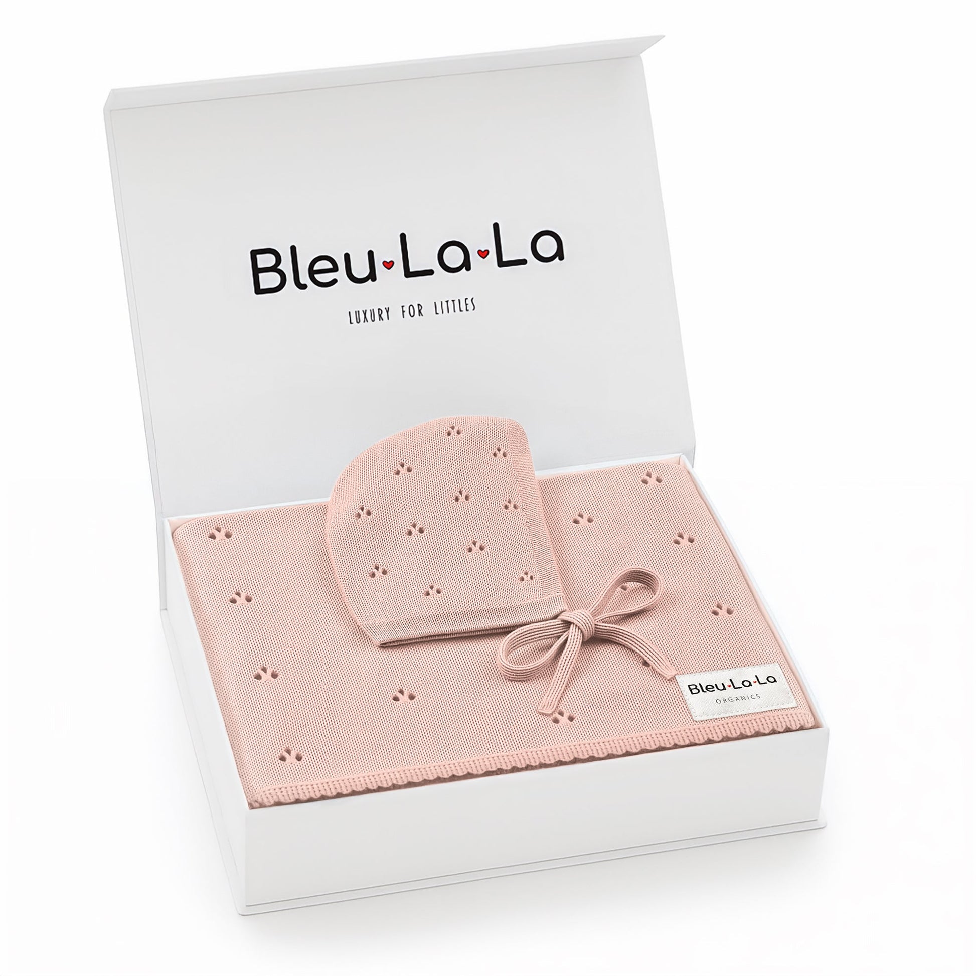 Pink baby hat and blanket set with 'Bleu La La' branding on a white background