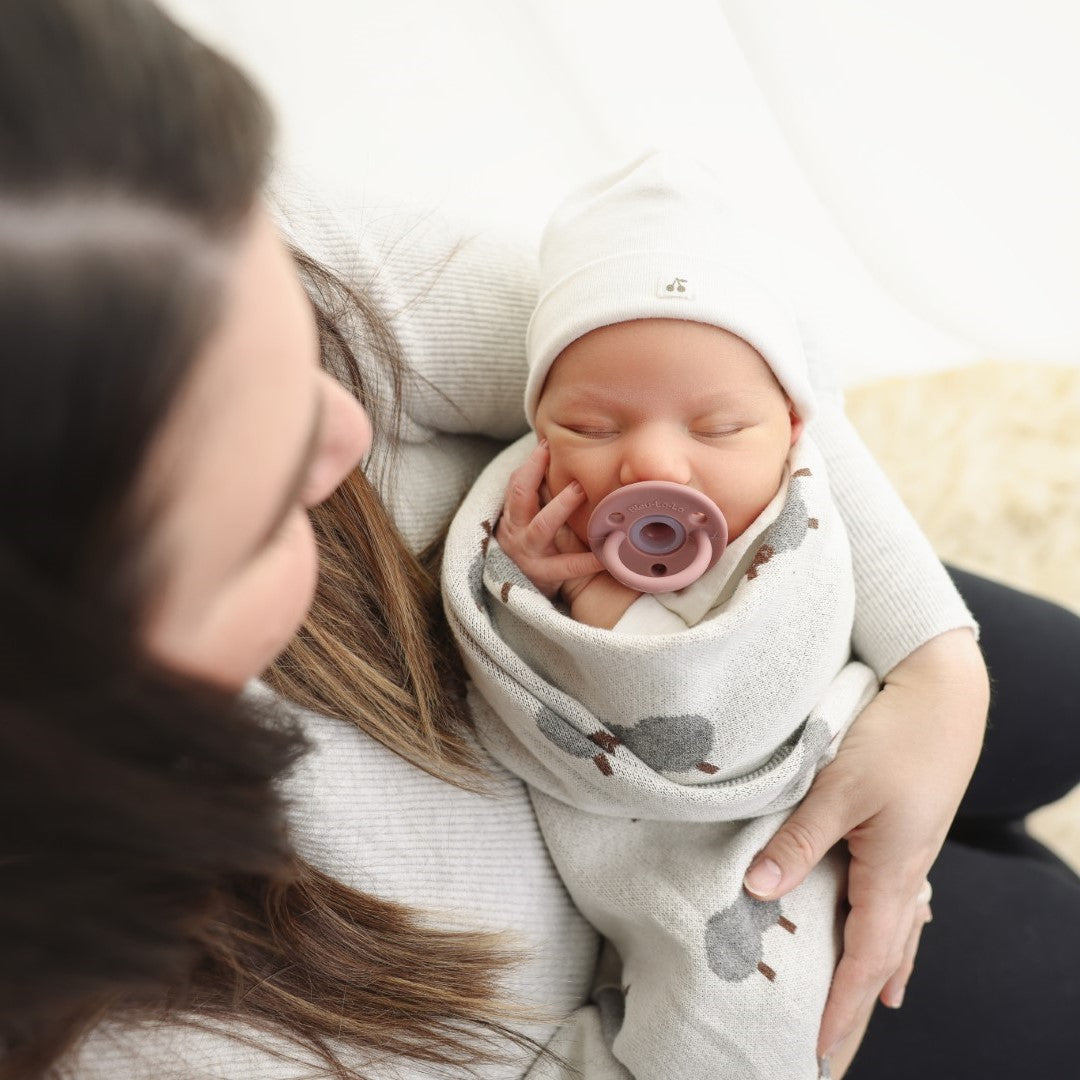 Newborn baby wrapped in a blanket with a pacifier, held by a mom.