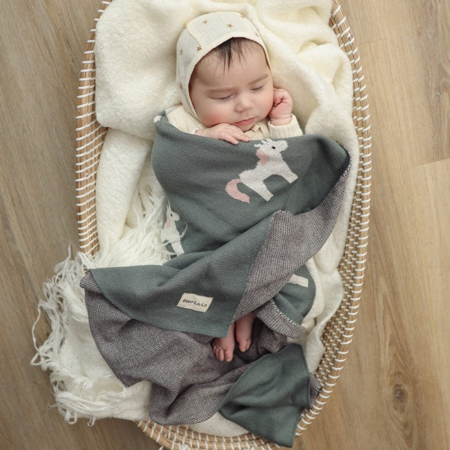 Baby wrapped in a gray blanket with a unicorn design, lying in a wicker basket on a wooden floor.