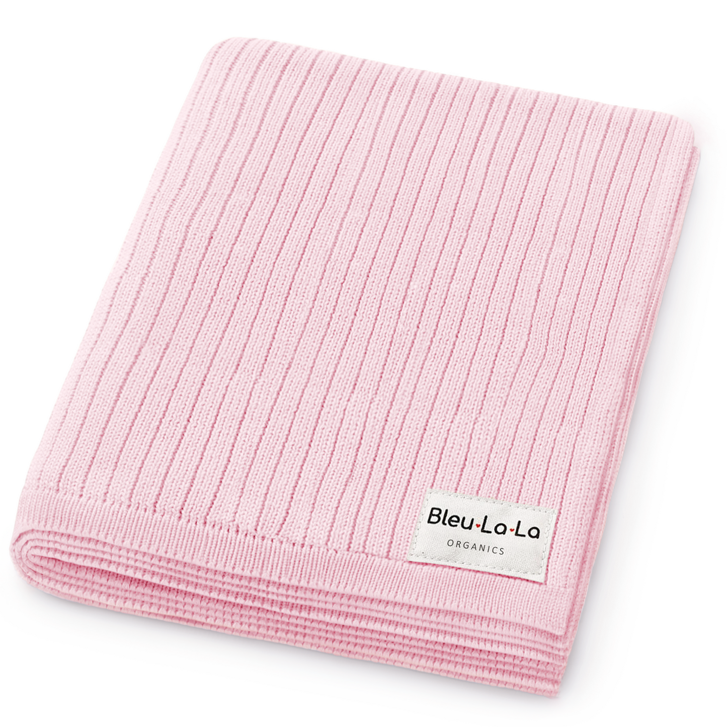 Pink ribbed blanket with Bleu-La-La label on a white background