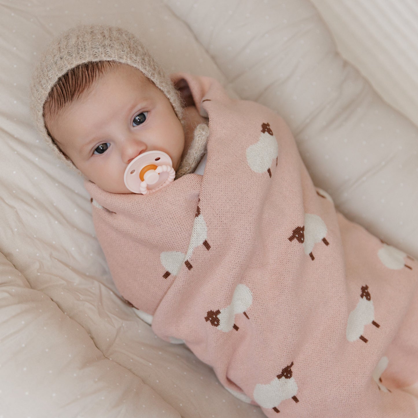 Baby swaddled in a pink blanket with sheep patterns, wearing a beige hat and holding a pink pacifier.
