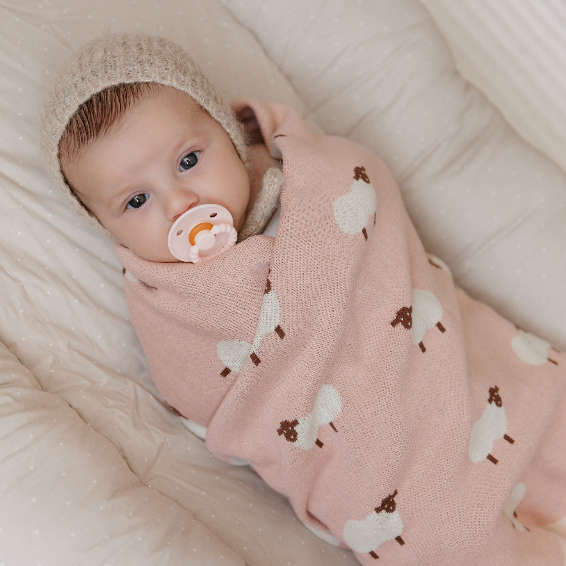 Baby swaddled in a pink blanket with sheep patterns, wearing a beige hat and holding a pink pacifier.