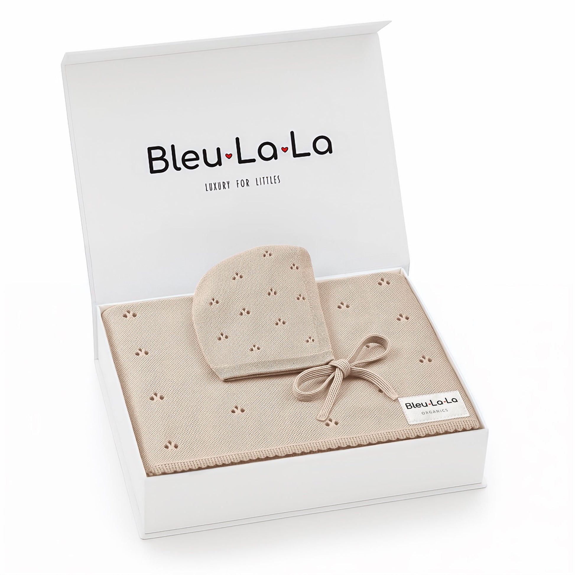 Baby hat and blanket set with 'Bleu La La' branding in a box on a white background