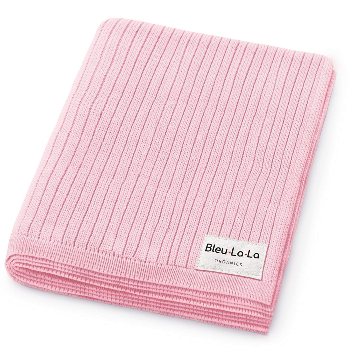 Pink ribbed blanket with Bleu-La-La label on a white background