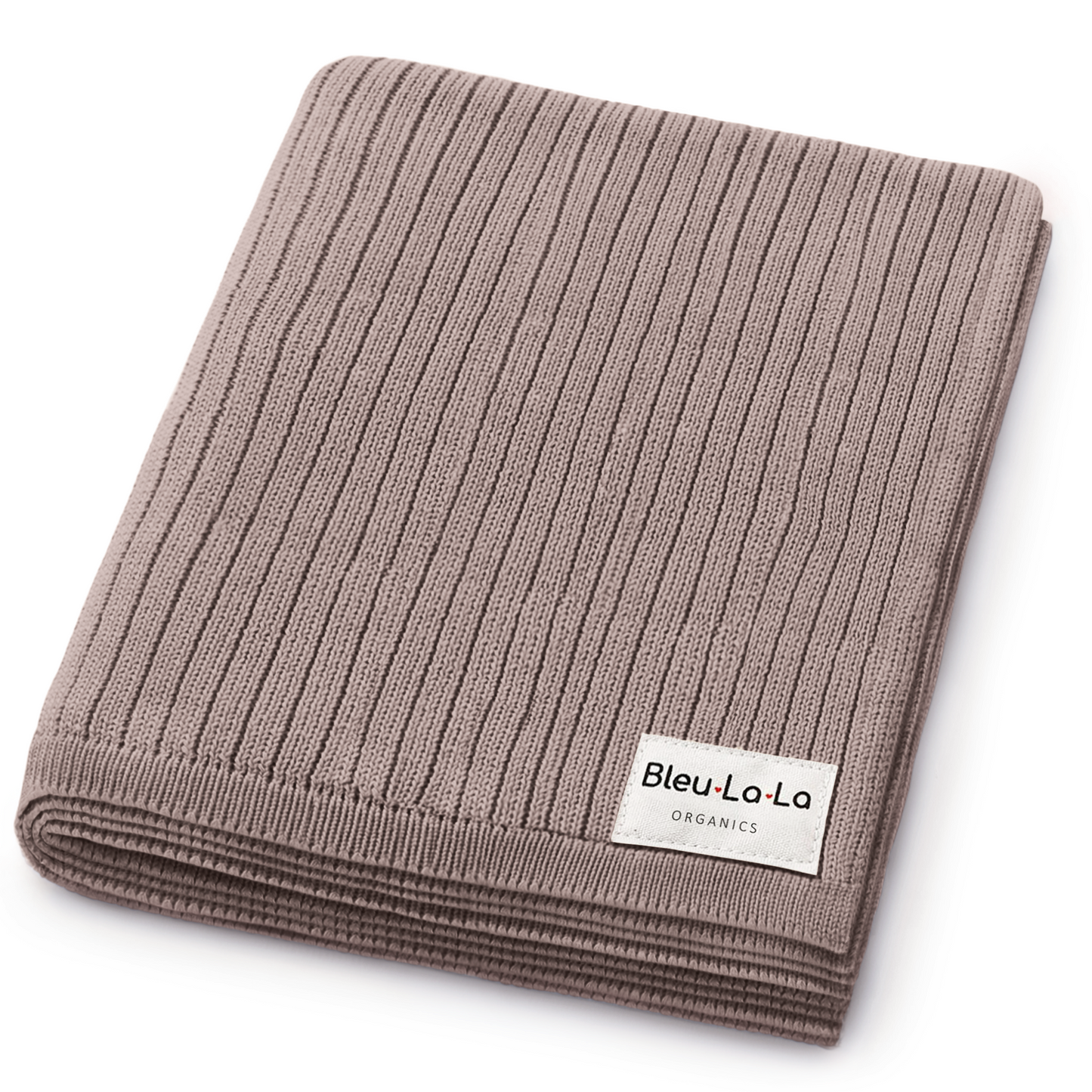 Brown ribbed blanket with Bleu-La-La label on a white background