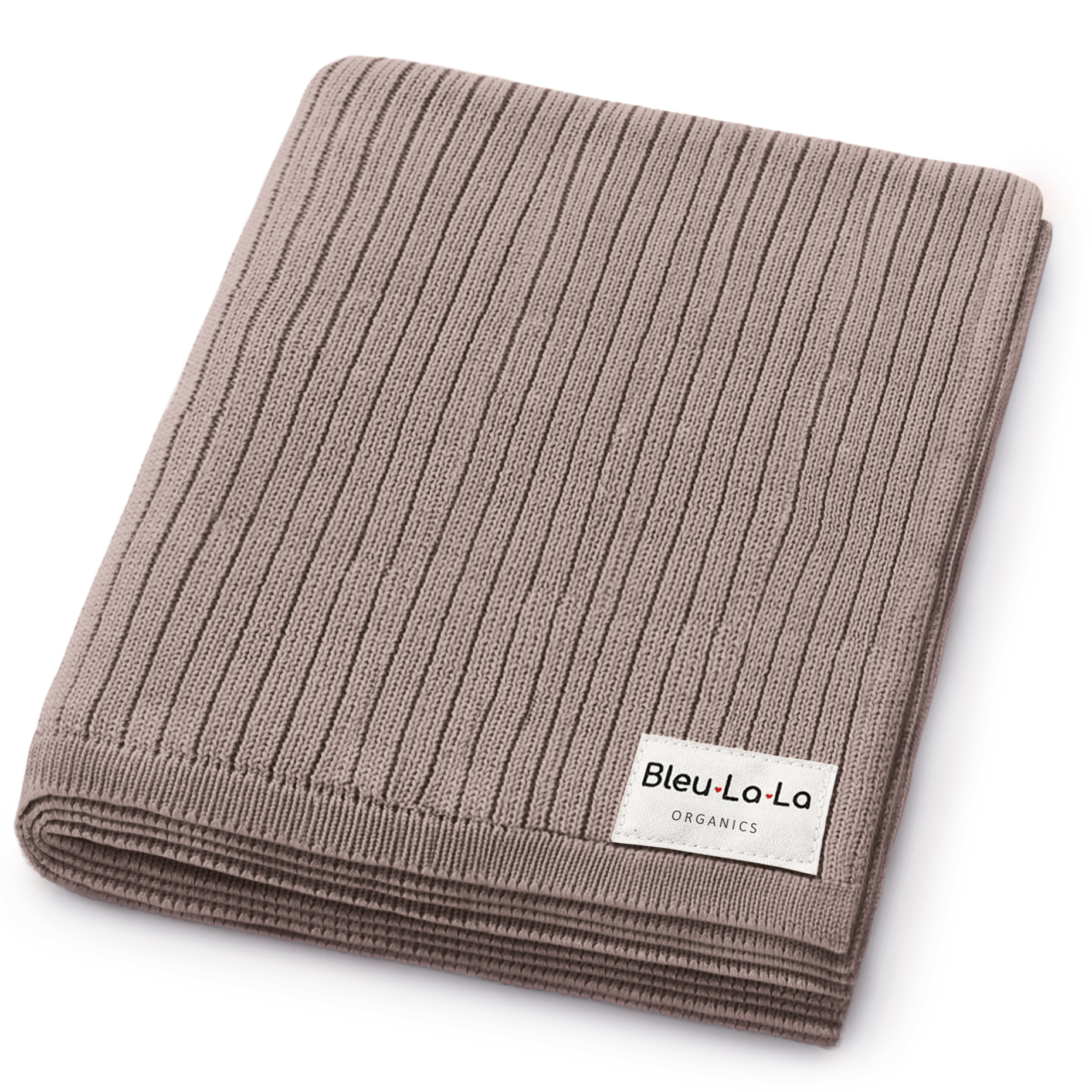 Brown ribbed blanket with Bleu-La-La label on a white background