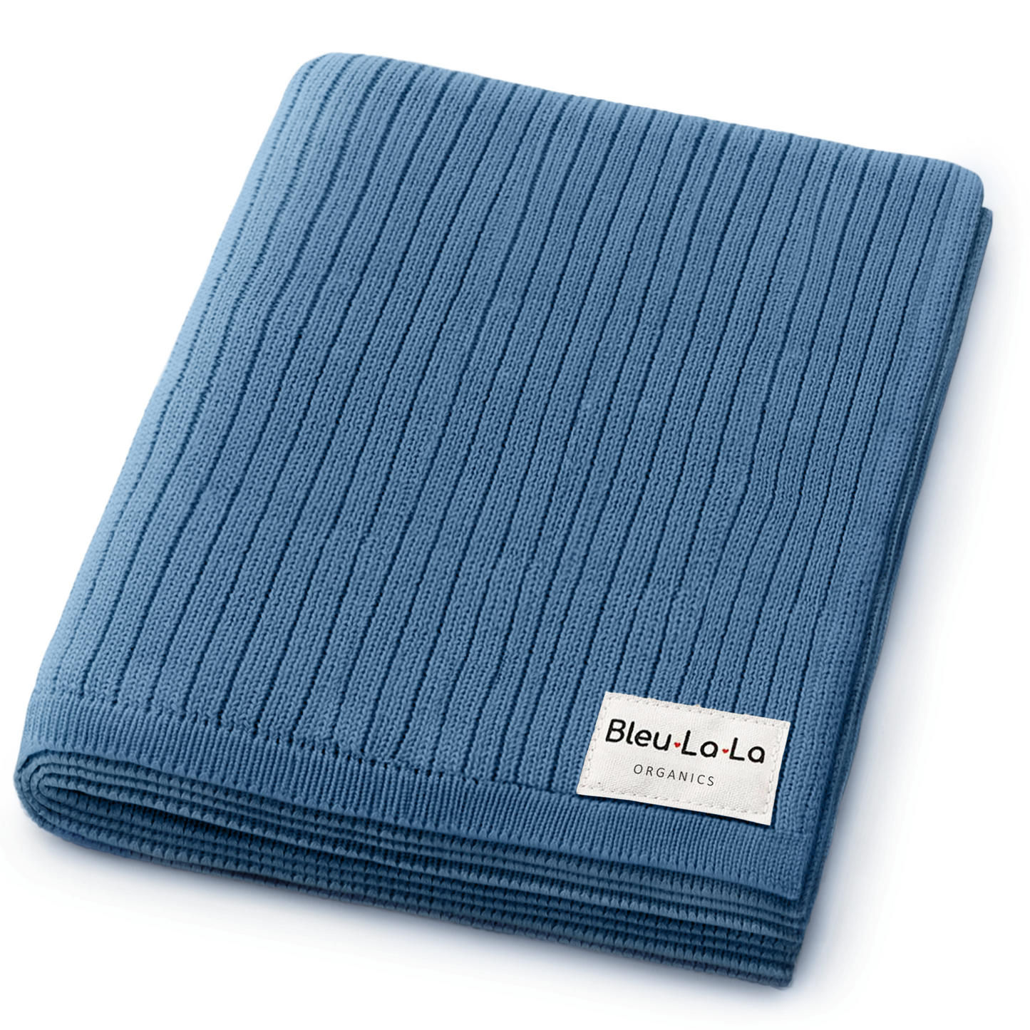 Folded blue knit blanket with Bleu-La-La label on a white background