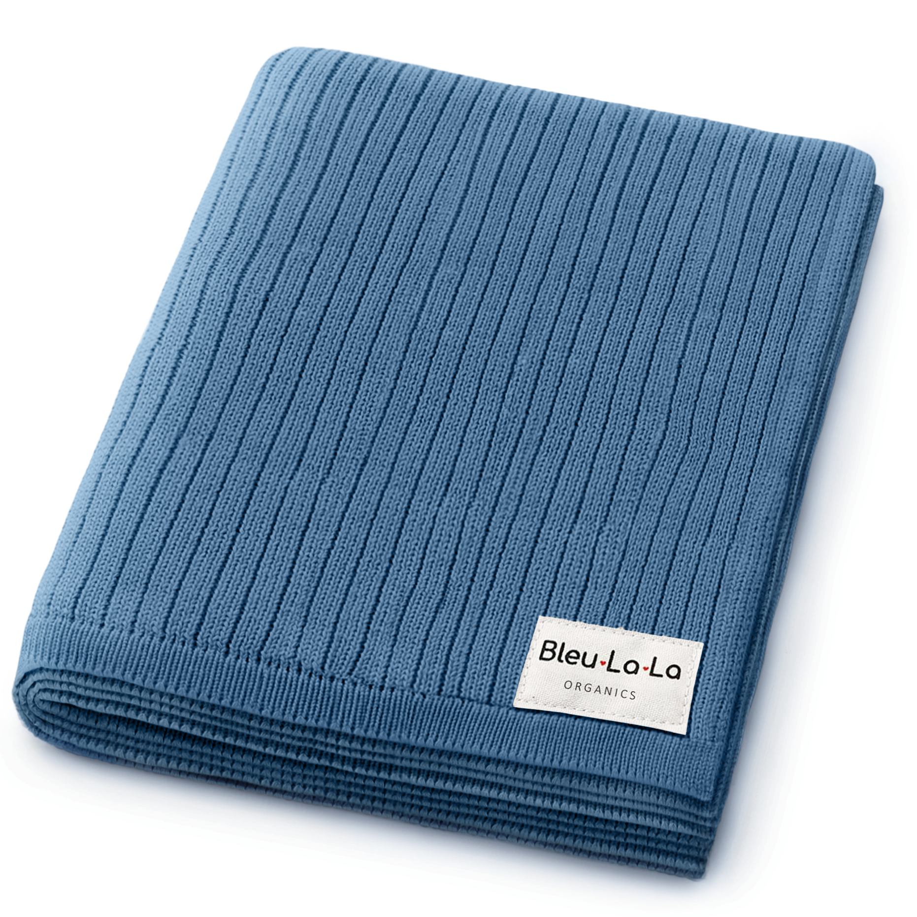 Folded blue knit blanket with Bleu-La-La label on a white background