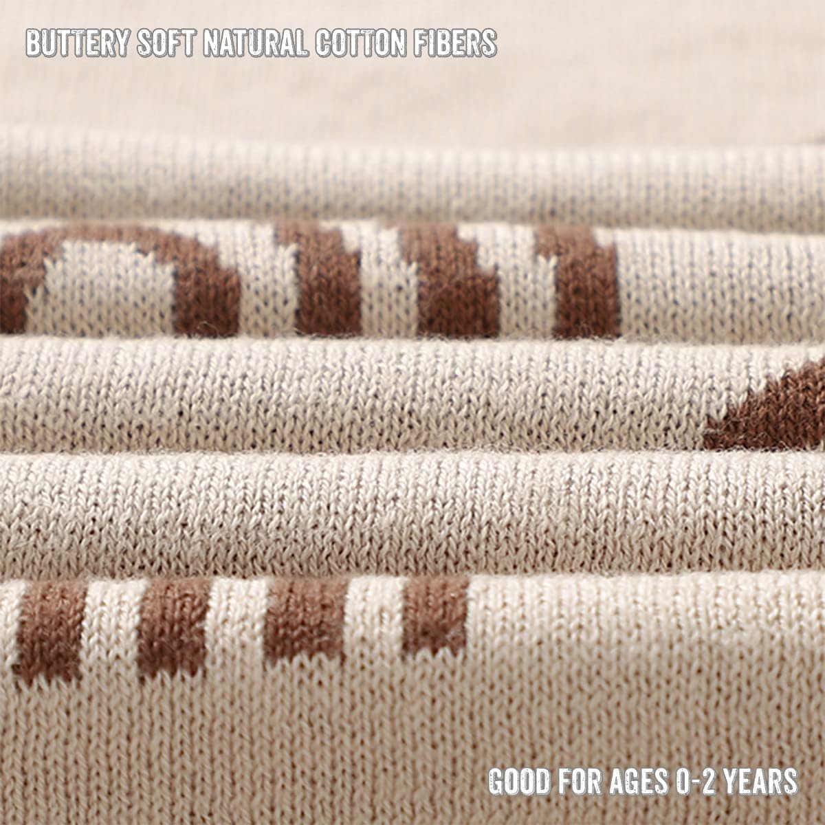Close-up of textured fabric with brown and beige pattern, labeled 'Buttery soft natural cotton fibers' and 'Good for ages 0-2 years'.