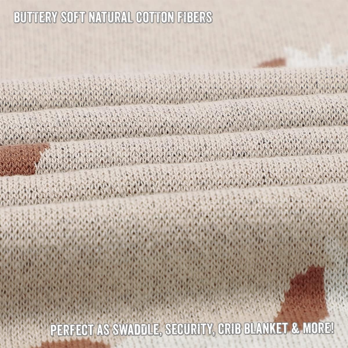 Close-up of beige swaddle blanket with text about buttery soft natural cotton fibers and its uses.