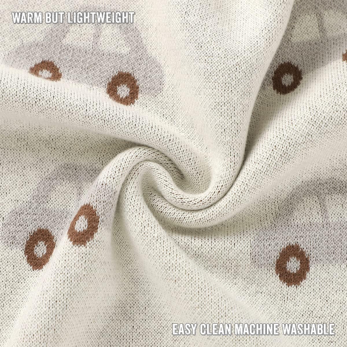 Close-up of fabric with brown circular patterns on a beige background, labeled 'Warm but Lightweight' and 'Easy clean machine washable'.