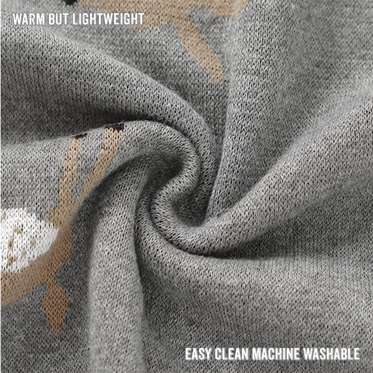 Gray fabric with a pattern, labeled 'Warm but Lightweight' and 'Easy Clean Machine Washable'.