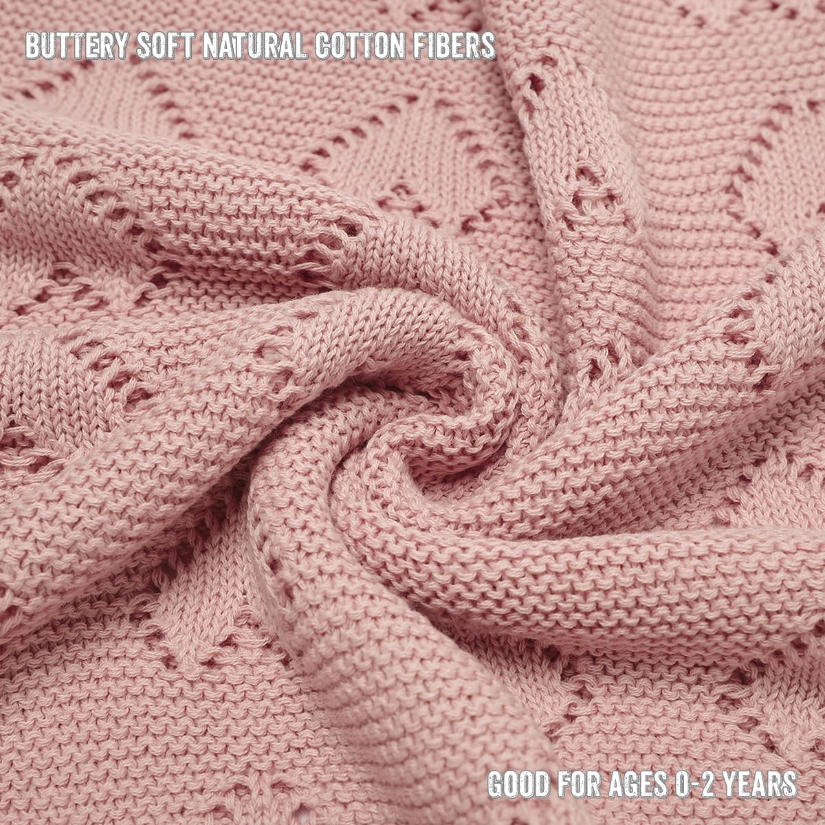 Pink textured Bleu-la-la blanket with text about buttery soft natural cotton fibers and suitability for ages 0-2 years.