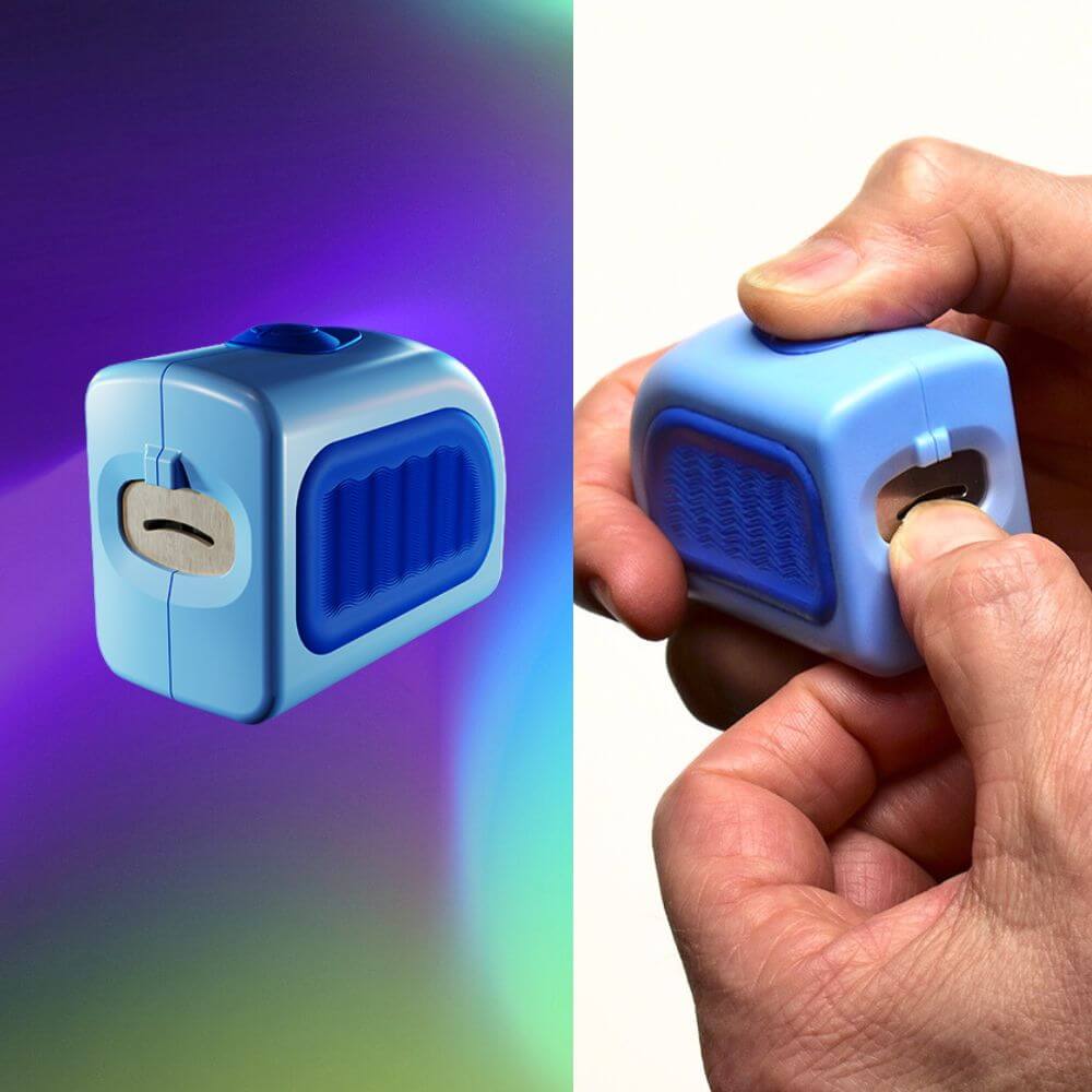 Split screen. Left image is Lil Nipper electric nail clipper Adult Size in blue color. Right is a fingernail inserting into safety slot to trim nails.