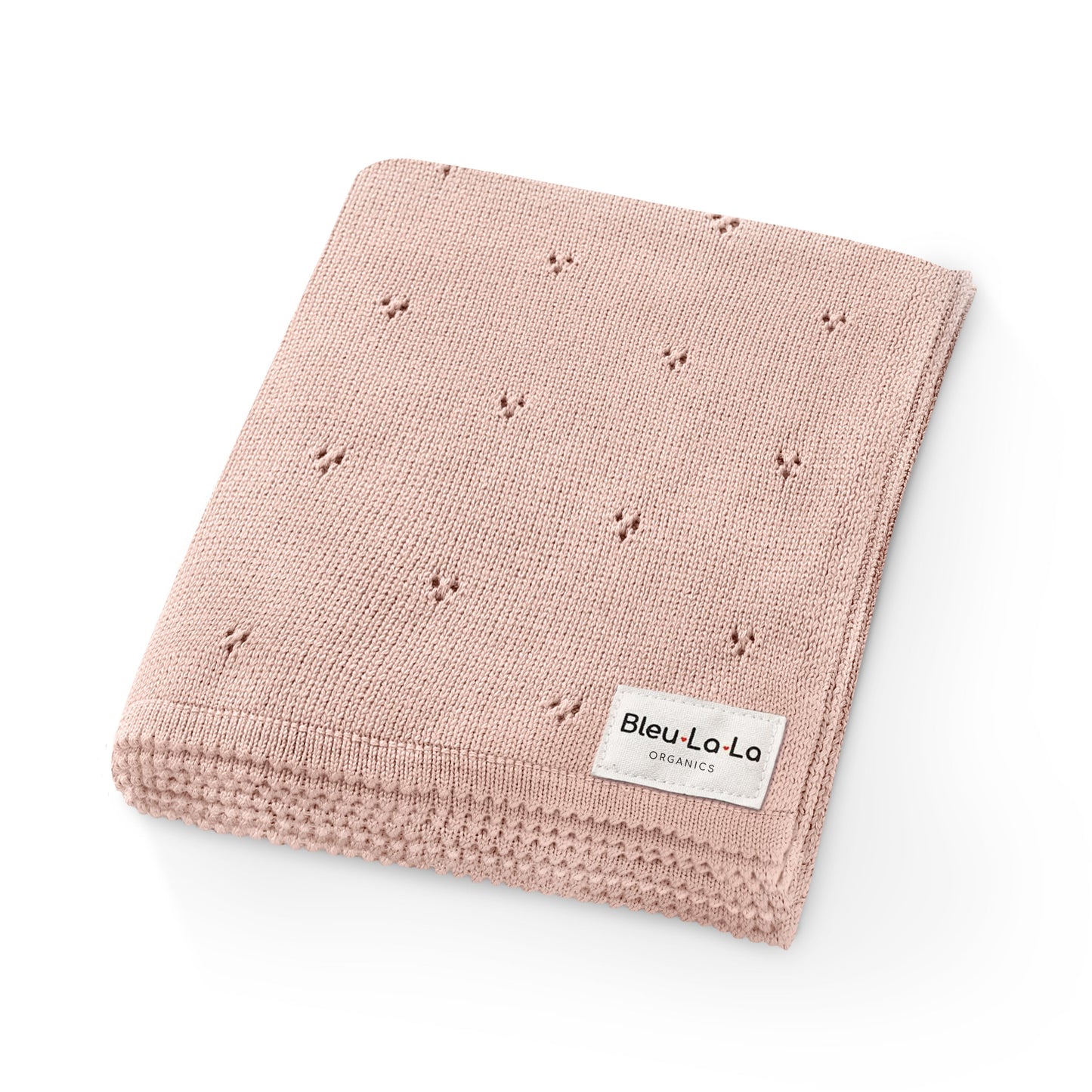 Pink 'Bleu La La' baby blanket with 'Bleu La La' label on a white background
