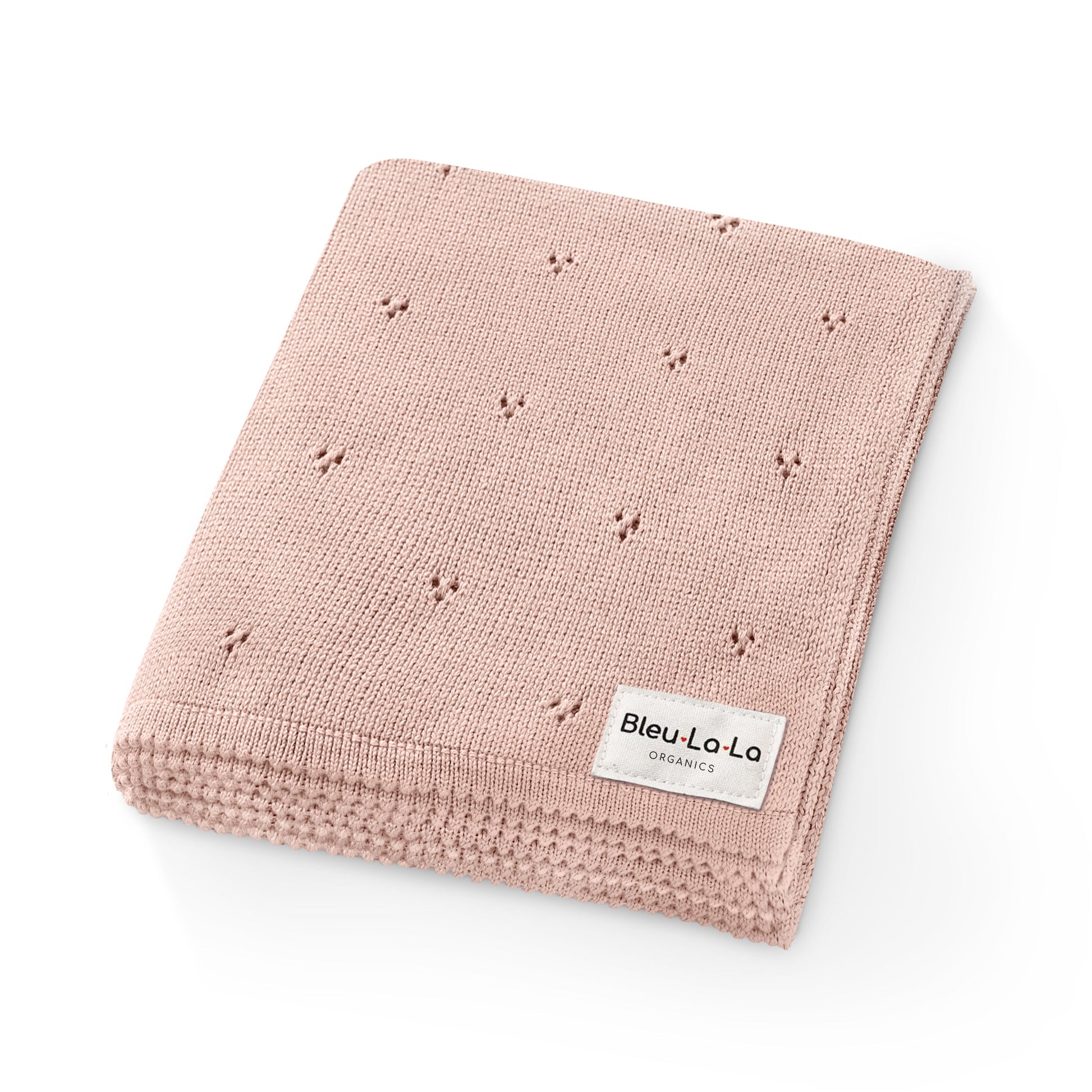Pink 'Bleu La La' baby blanket with 'Bleu La La' label on a white background
