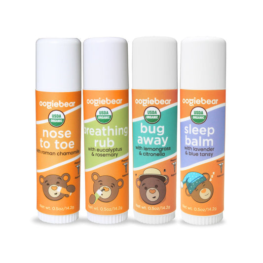 oogiebear 4-pack balm collection with Nose to Toe, Breathing Rub, Bug Away and Sleep Balm tubes