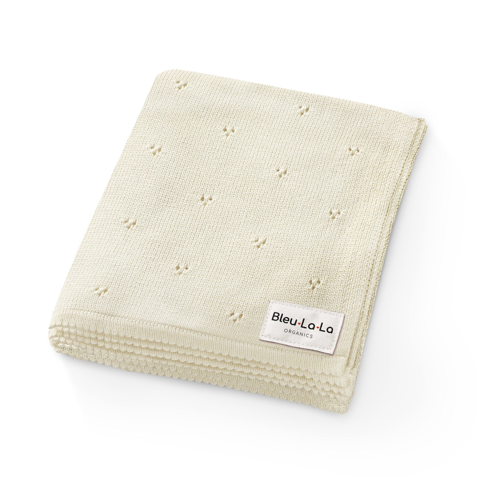 Beige 'Bleu La La' baby blanket with 'Bleu La La' label on a white background