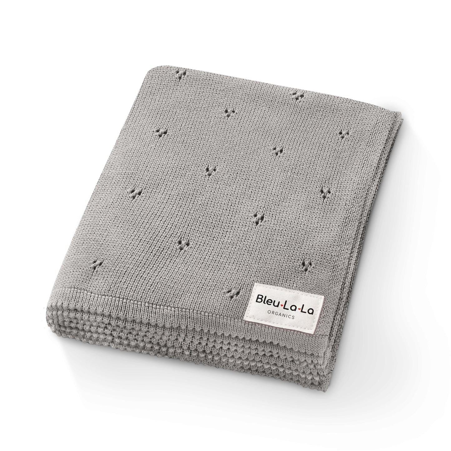 Gray 'Bleu La La'  knit blanket with small patterns and a visible brand label on a white background