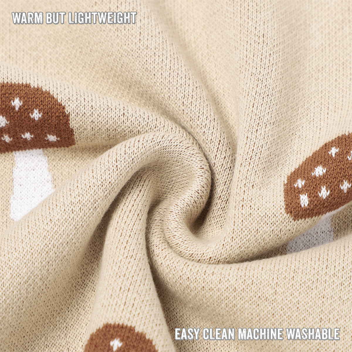Close-up of beige fabric with mushroom patterns and text indicating warmth, light weight, and machine washability.