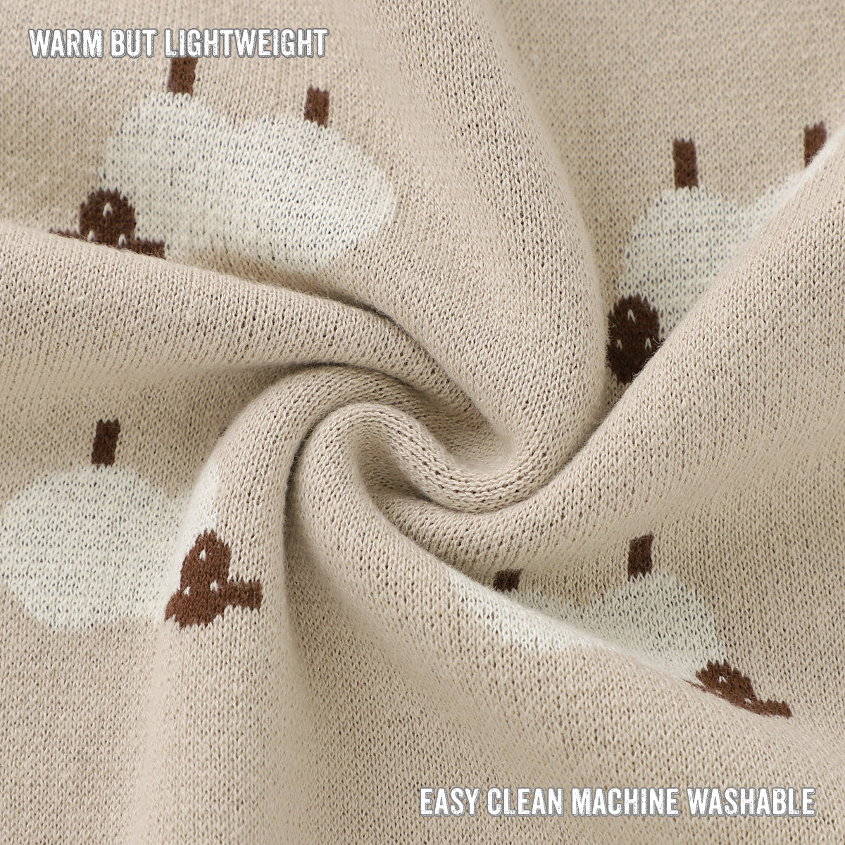 Close-up of beige fabric with brown patterns, labeled 'Warm but Lightweight' and 'Easy clean machine washable'.