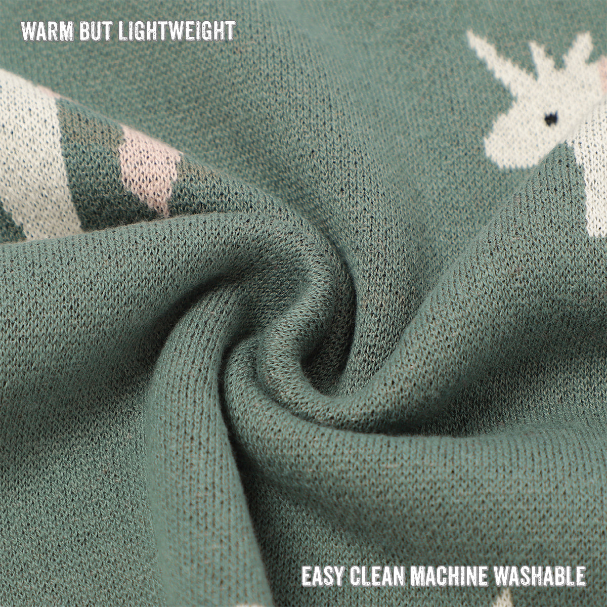 Green blanket with unicorn pattern, labeled 'Warm but Lightweight' and 'Easy clean machine washable'.