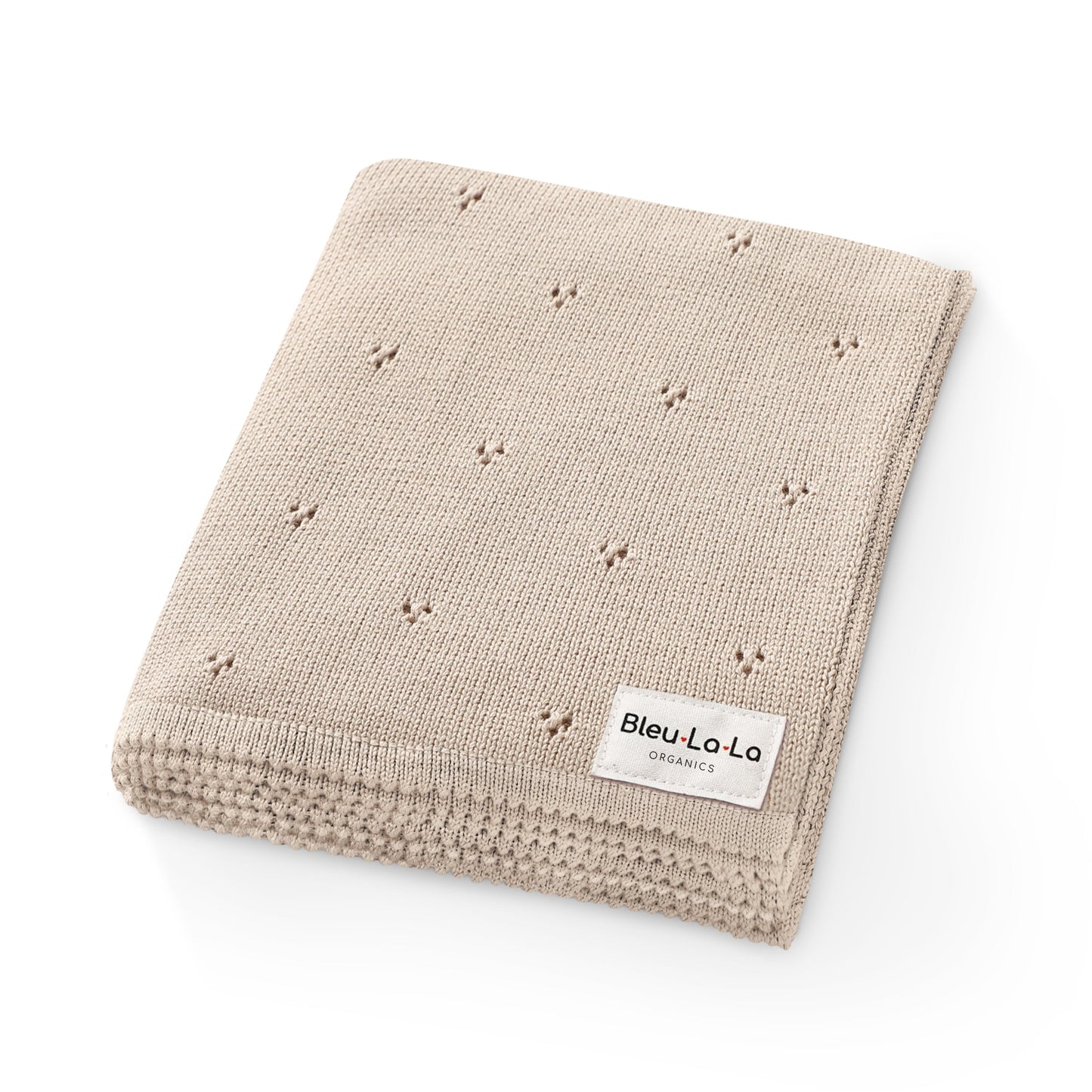 Beige baby blanket with 'Bleu La La' label on a white background