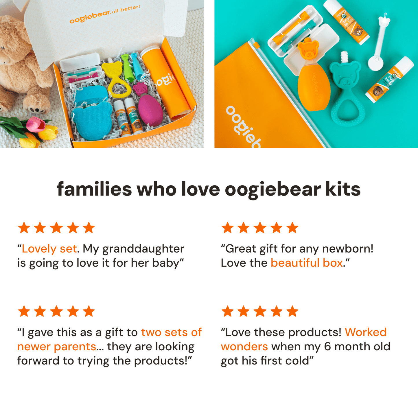 Oogiebear kits with product packaging and positive customer reviews on a white background