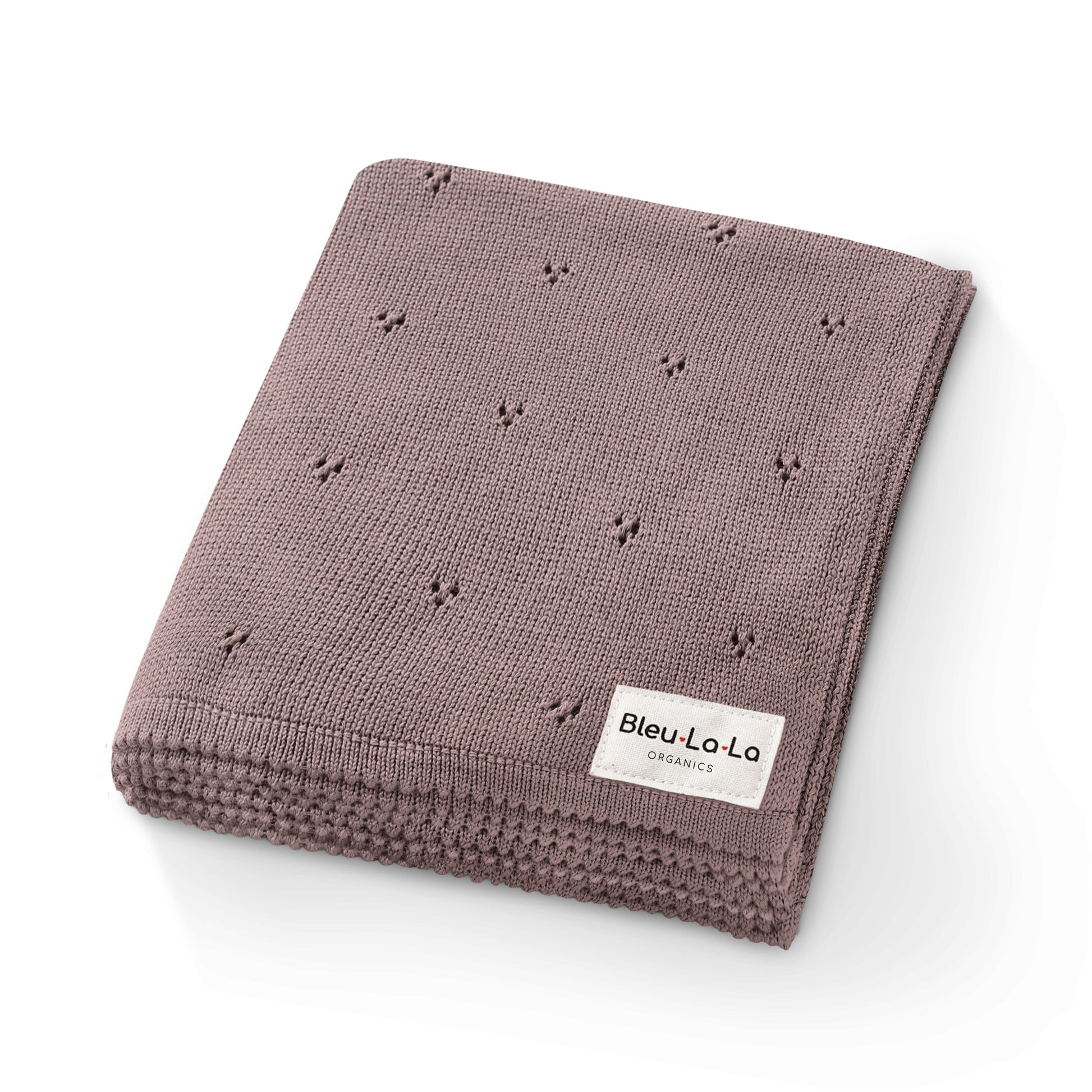 Folded brown blanket with a 'Bleu La La' label on a white background