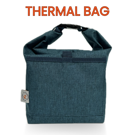 Blue thermal bag with a visible brand tag on a white background