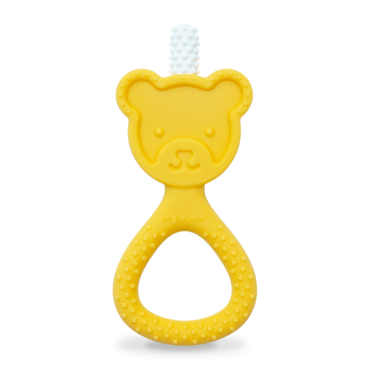 Yellow oogiebear 360-degree teether with textured silicone surface and bear safety bumper