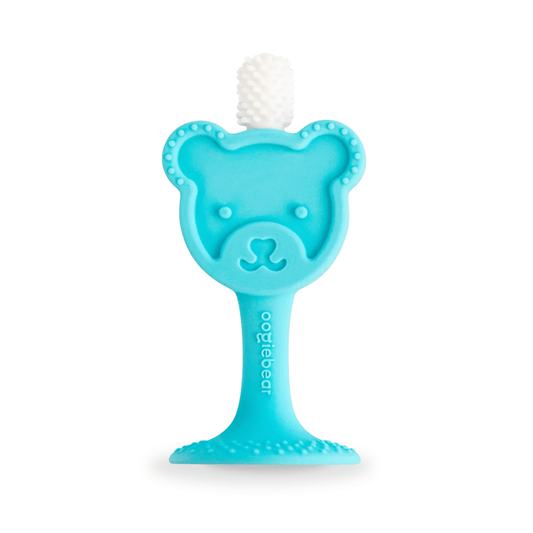 oogiebear 360 degree baby toothbrush with silicone bristles and bear safety head