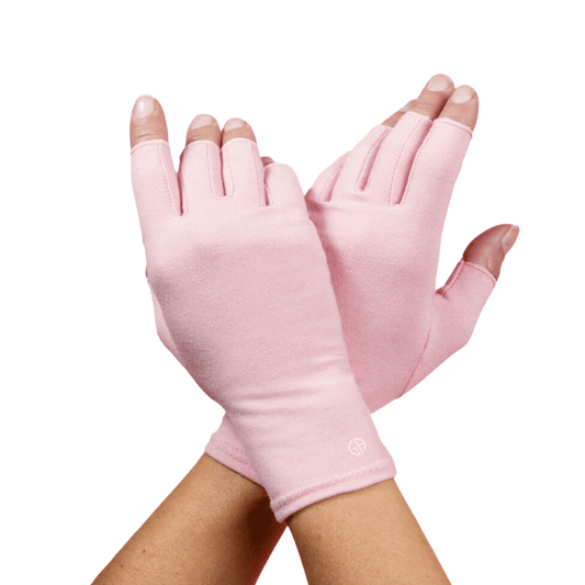 Pair of pink gloves on a white background