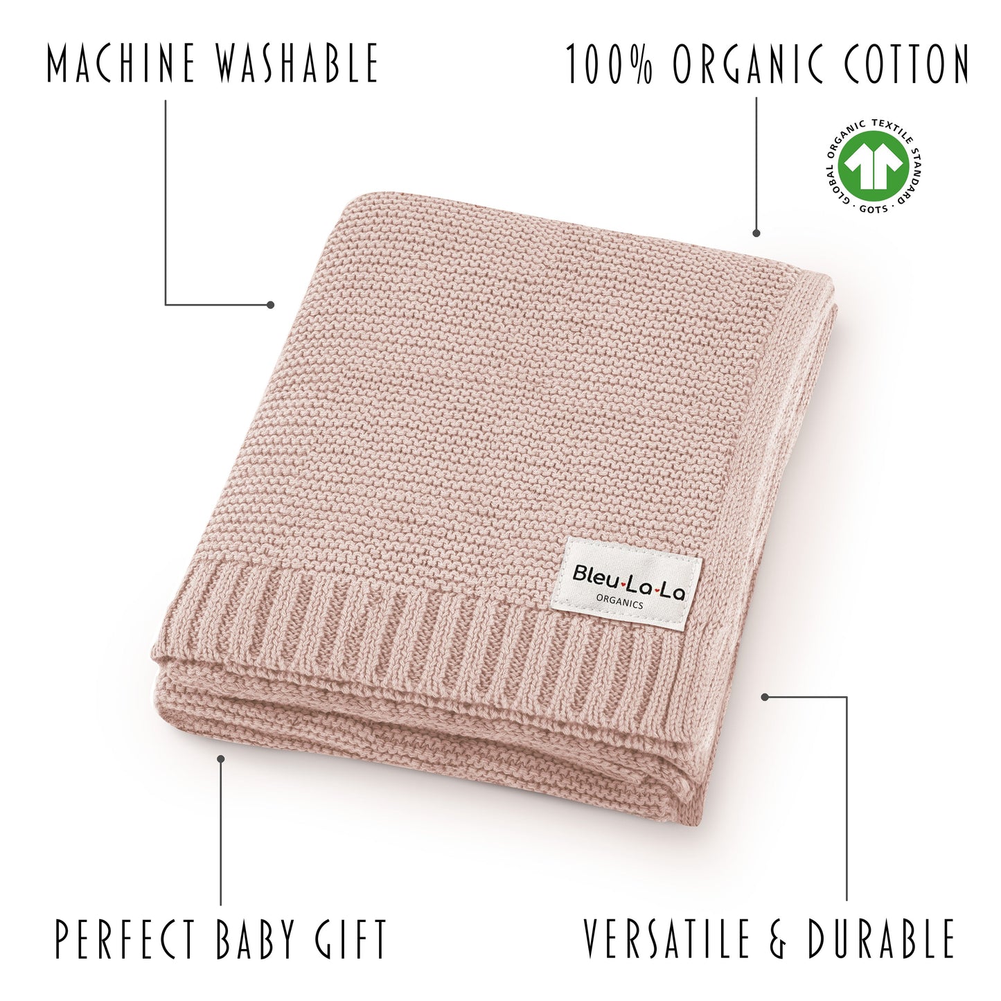 Folded pink blanket with Bleu La La label on a white background, featuring text about machine washability and organic cotton.