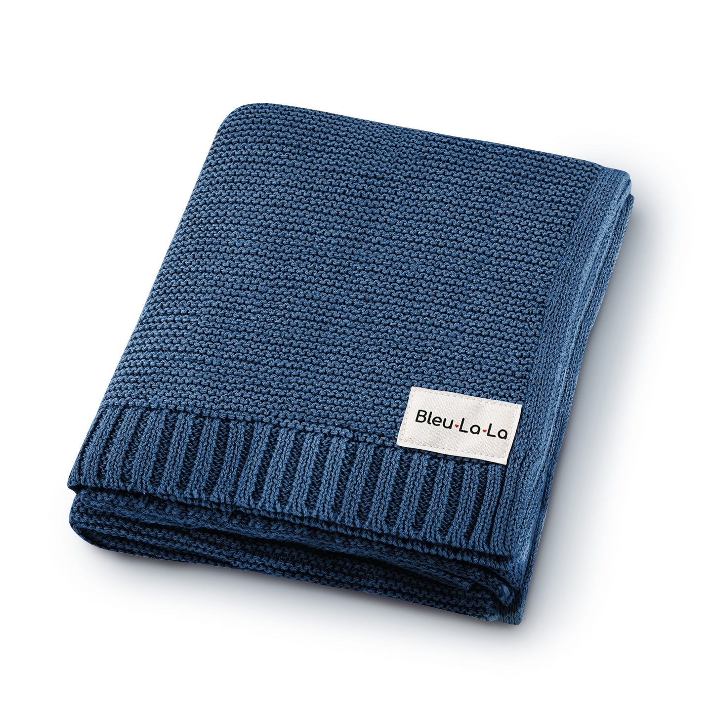 Folded blue blanket with a visible brand Blue-La-La on a white background