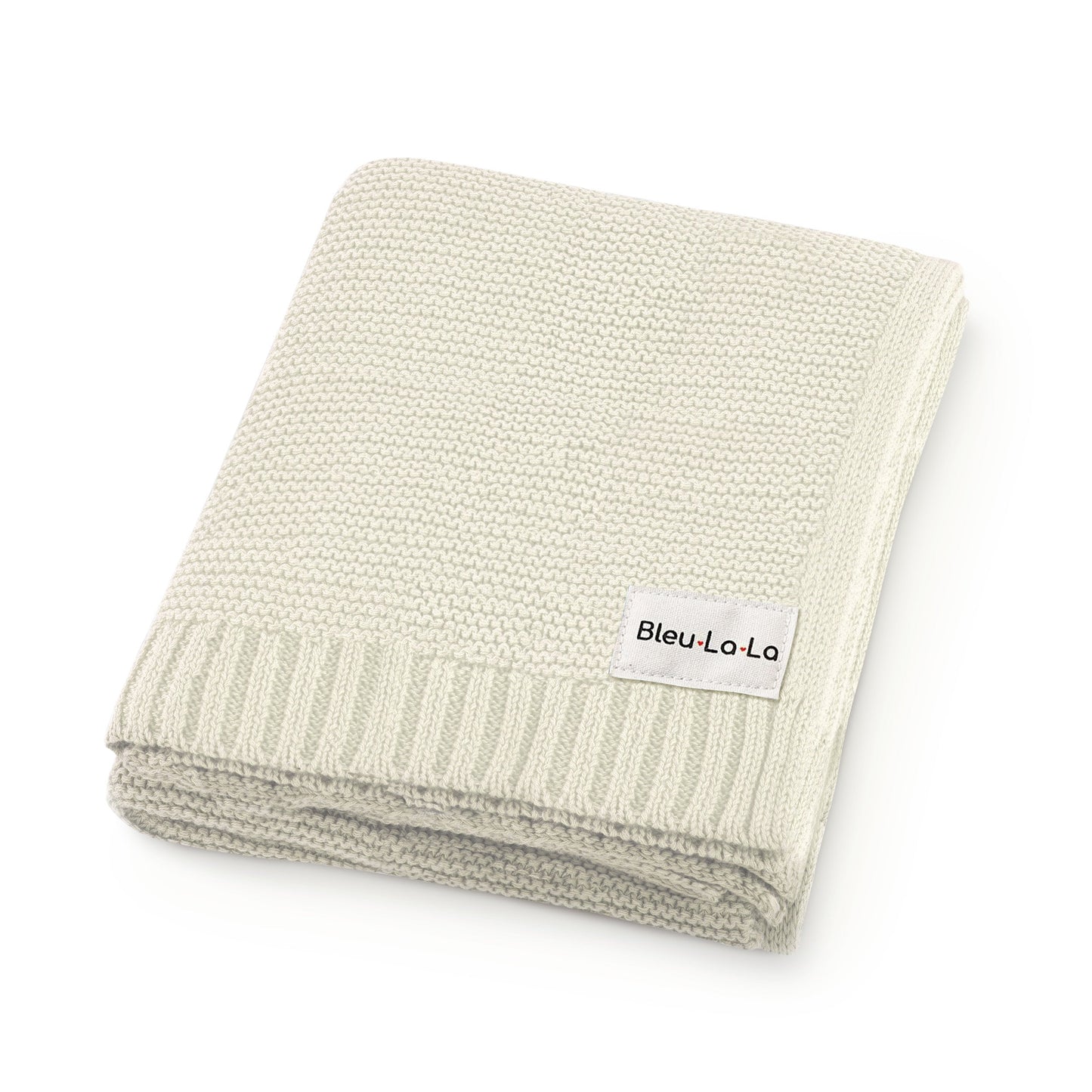 Folded beige blanket with a 'Bleu-Lo-La' label on a white background