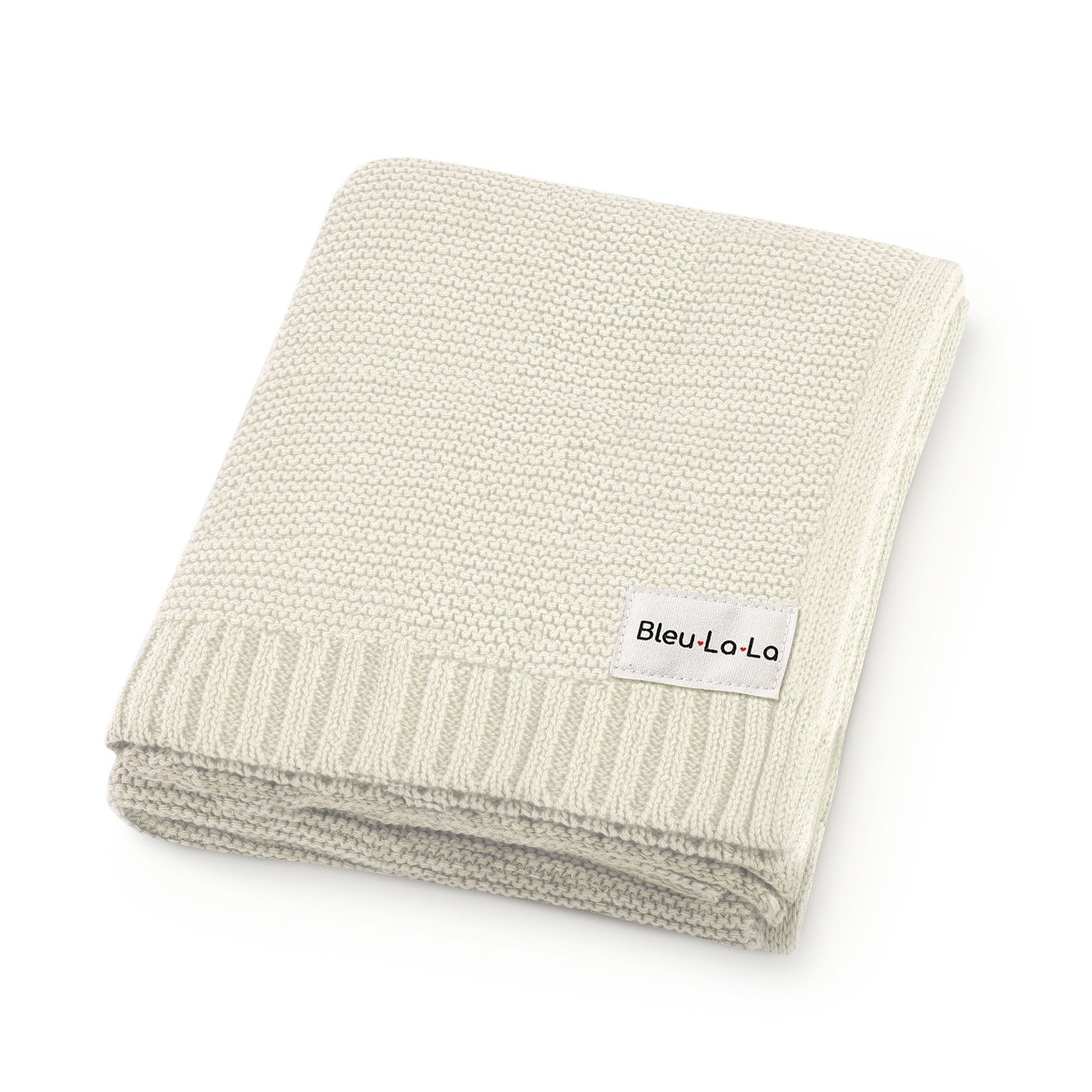 Folded beige blanket with a 'Bleu-Lo-La' label on a white background