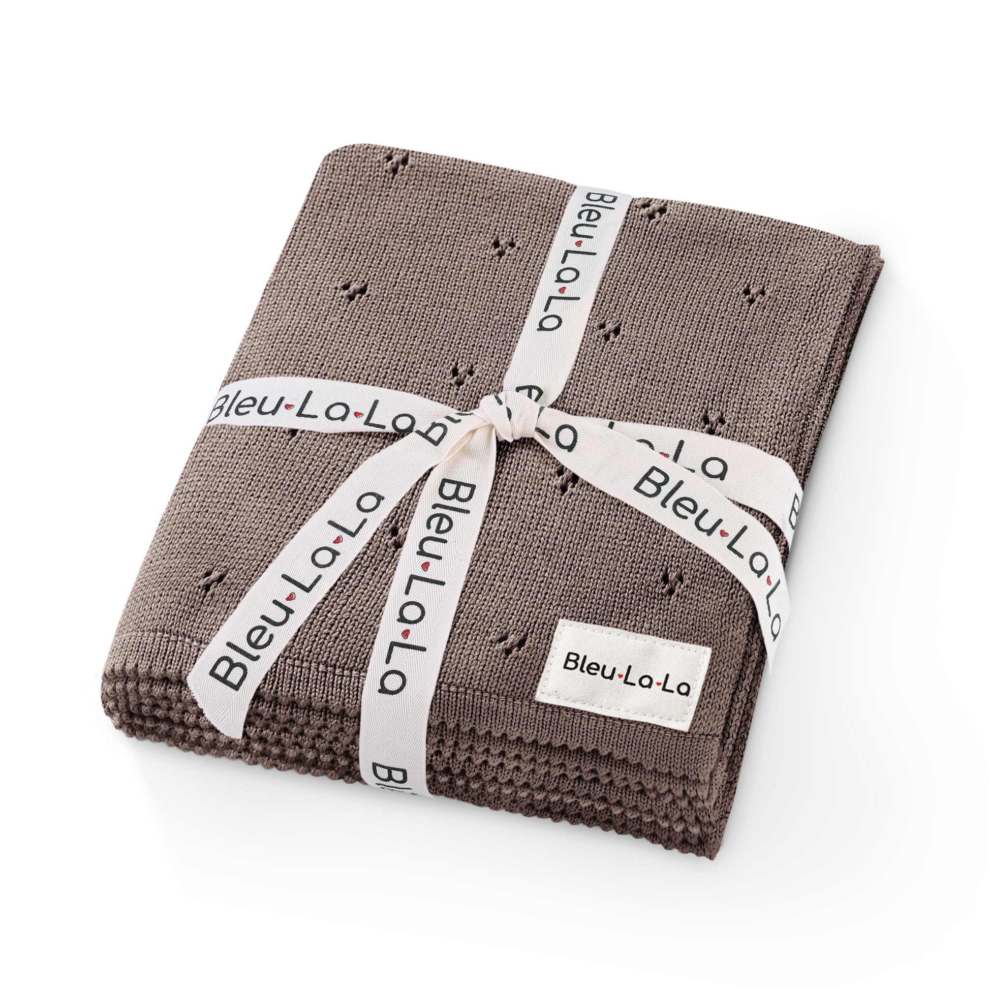Folded brown blanket with 'Bleu La La' branding on a white background
