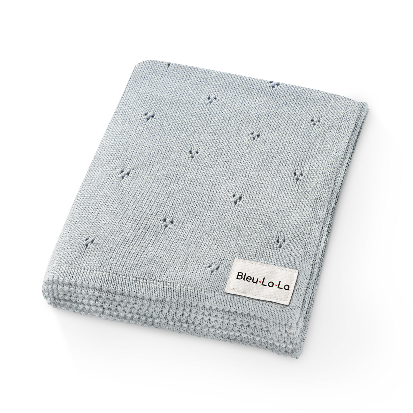 Gray textured 'Bleu La La' blanket with small patterns and a visible brand label on a white background