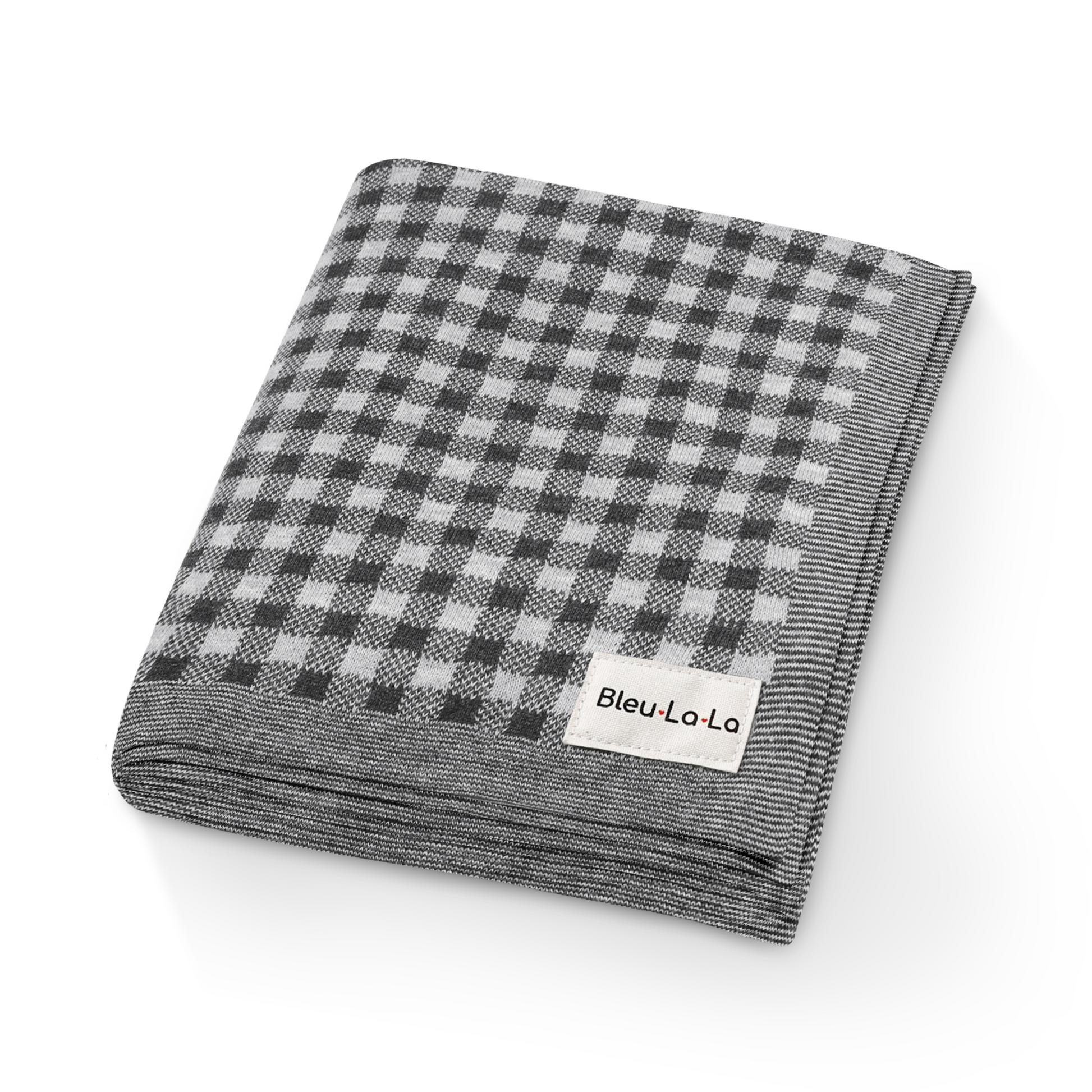 Folded checkered blanket with 'Bleu La Lo' label on a white background