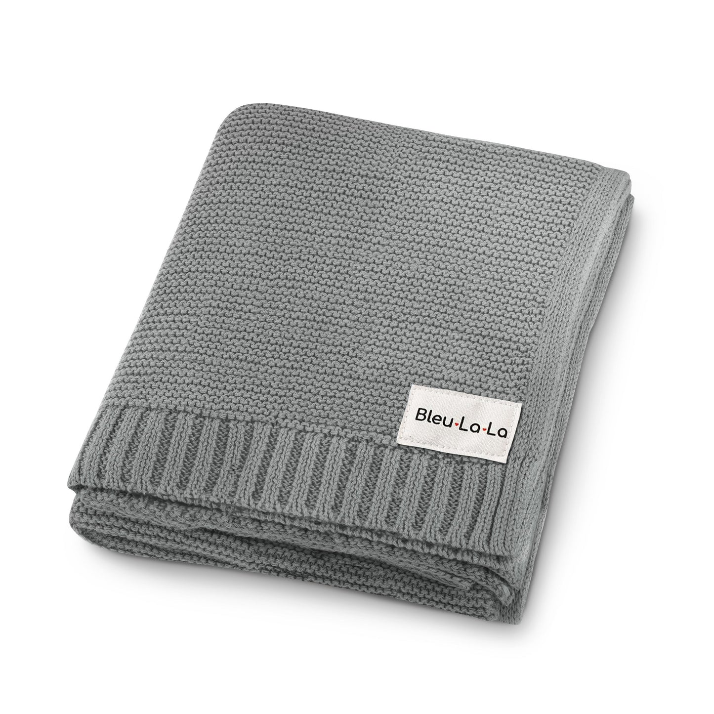 Folded gray knit blanket with a visible Blue-La-La label on a white background