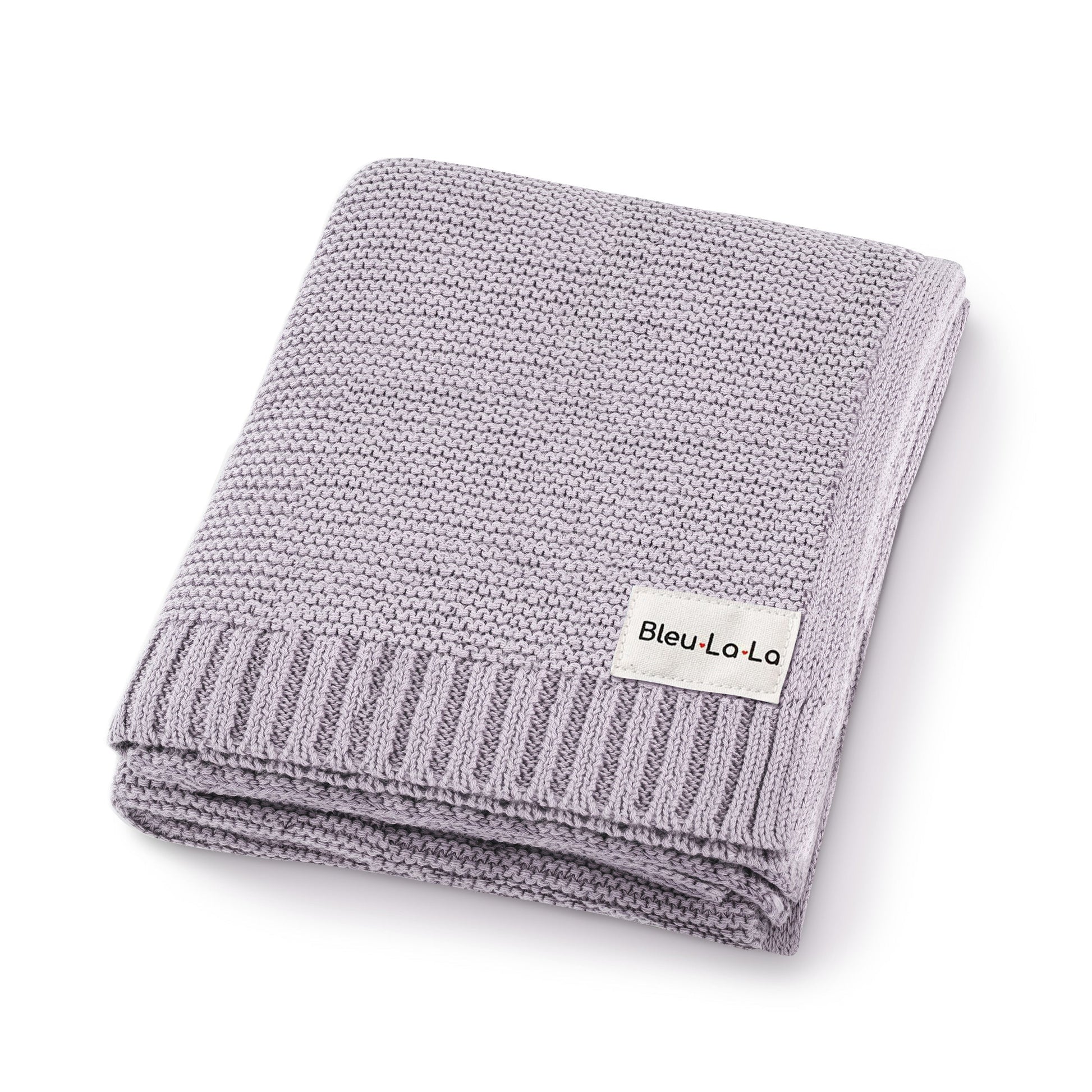 Folded gray knit blanket with 'Bleu-La-La' label on a white background