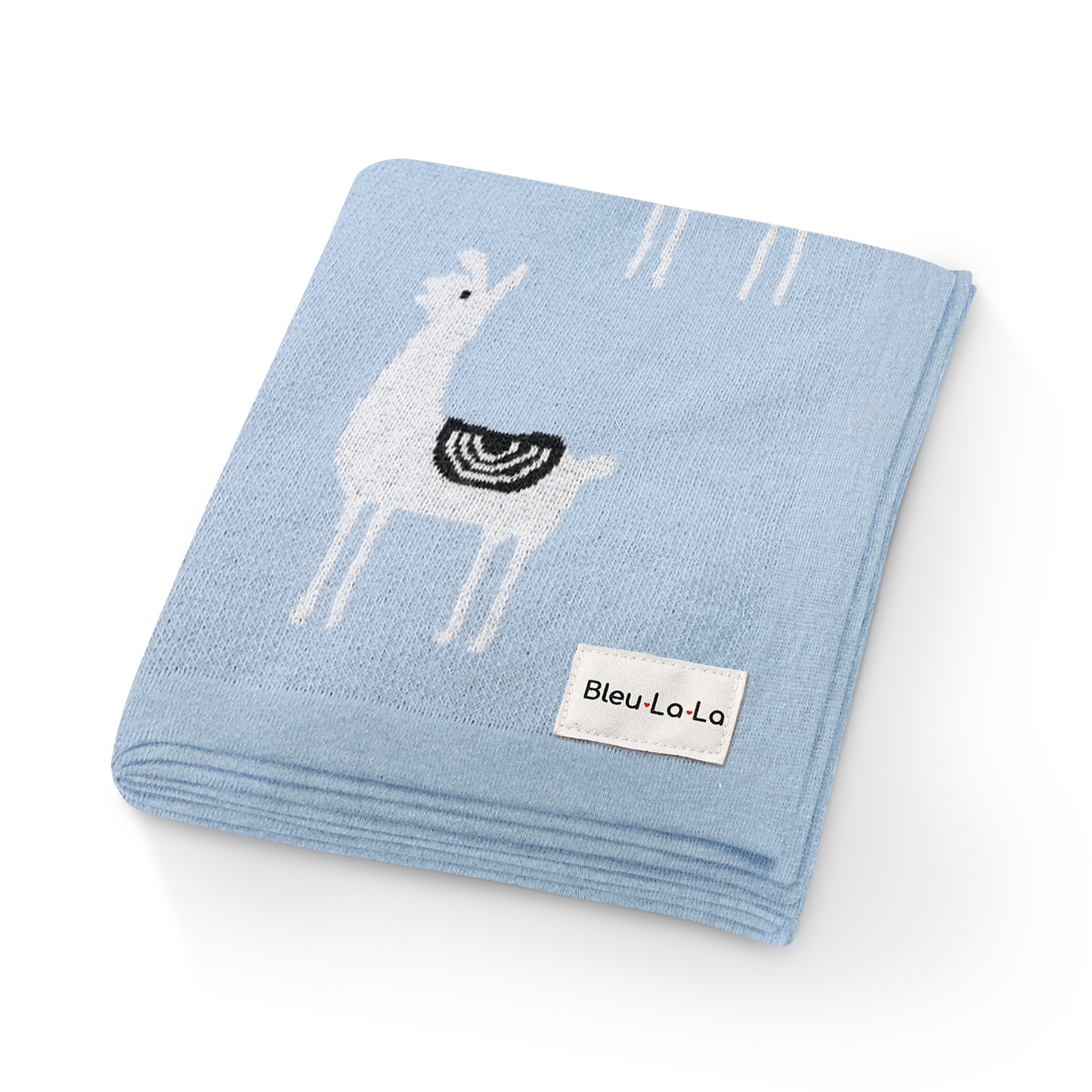Blue baby blanket with llama design and 'Bleu-La-La' label on a white background