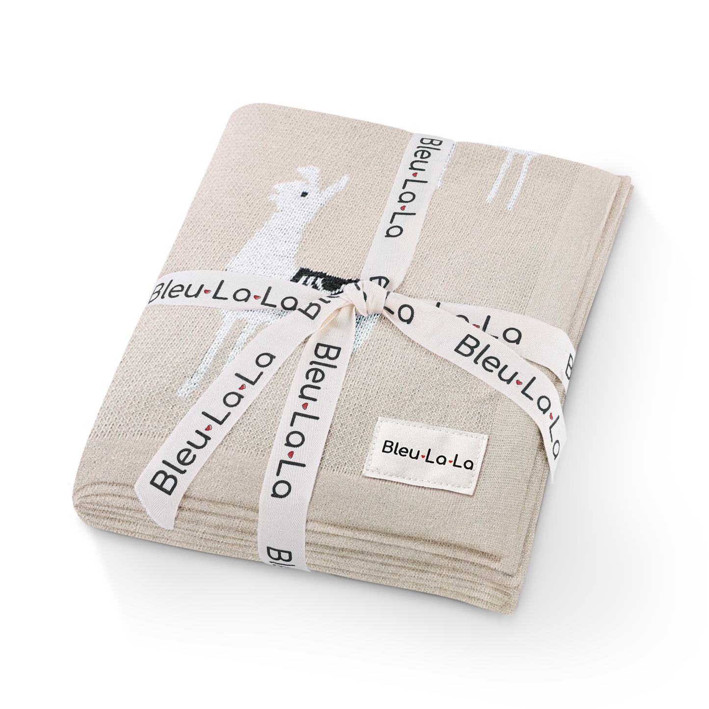 Folded beige blanket with 'Bleu La La' branding on a white background
