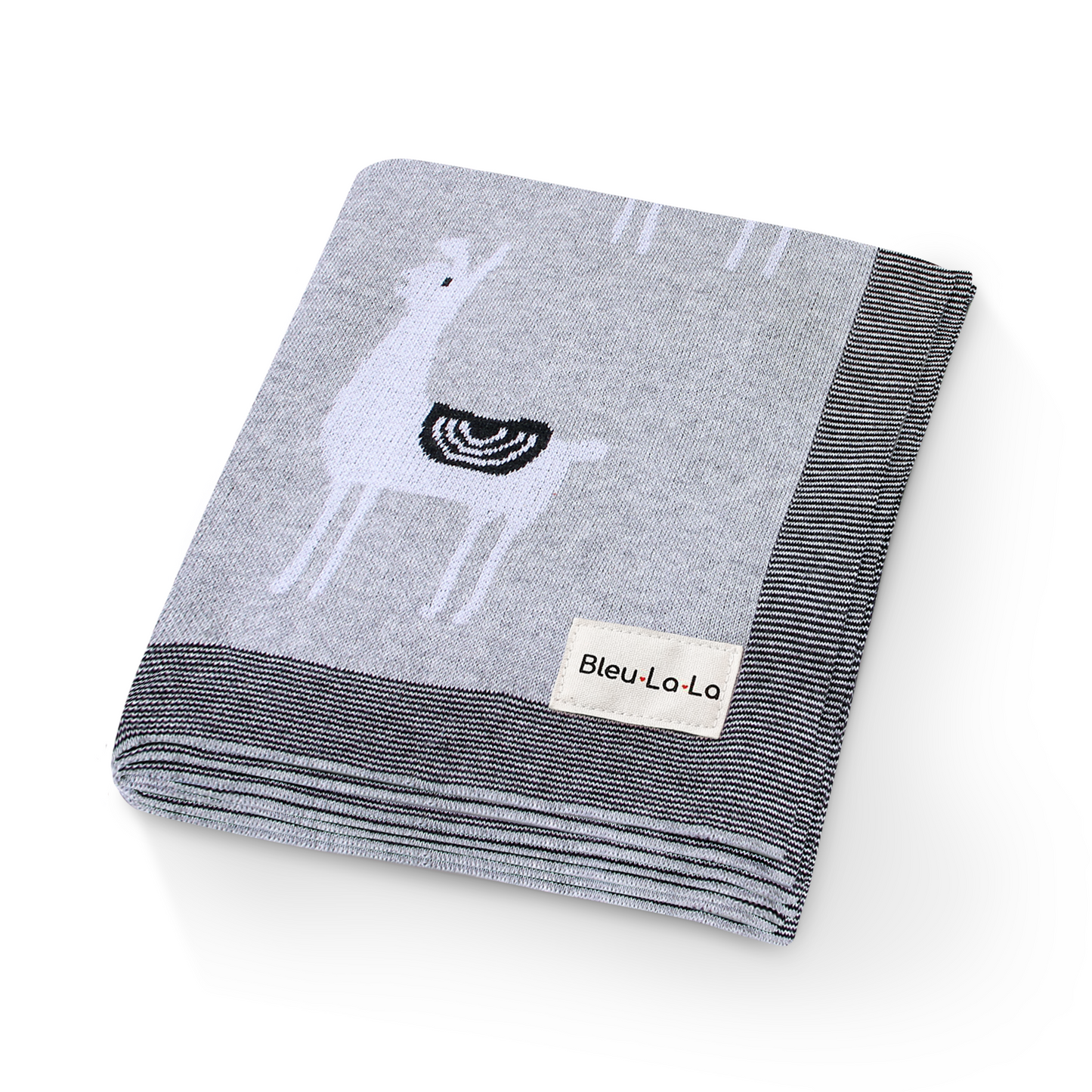 Folded gray and black striped blanket with a white llama design and 'Bleu La La' label on a white background